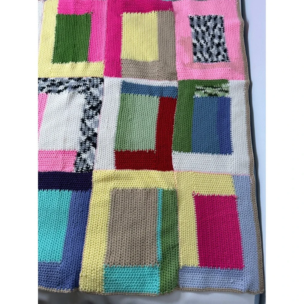 Handmade Crochet Patchwork Blanket Throw Boho Colorful Cozy Quilt Bedspread